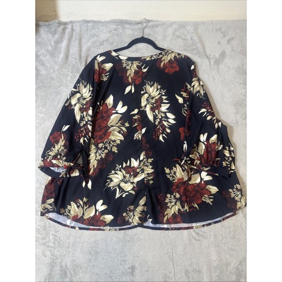 Catherines 3XWP Blouse Black Red Gold Floral Button Front 3/4 Sleeve Plus Top - Picture 7 of 7